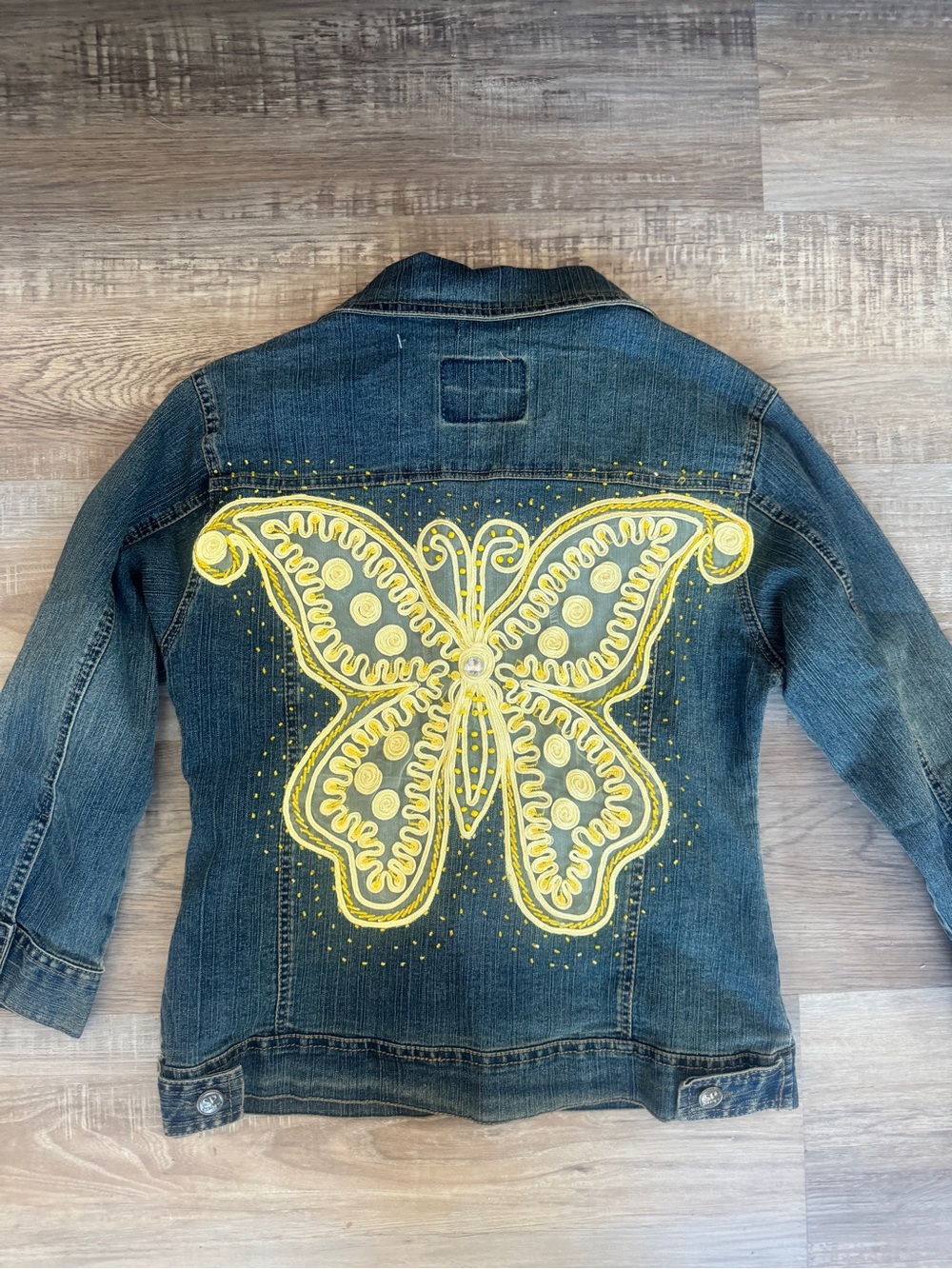 Vintage Embroidered Butterfly Denim Jacket Beaded Sequin Slim Fit SZ Med